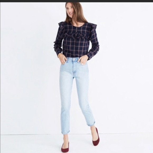 Madewell Tops - •NWOT Madewell• Berkshire Purple/Navy Plaid Ruffle